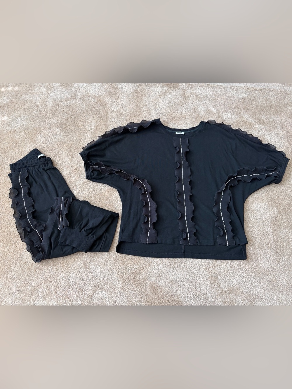 Women's Black Ruffle-Trim Sweatshirt & Jogger Set